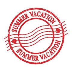 SUMMER VACATION, text written on red postal stamp.