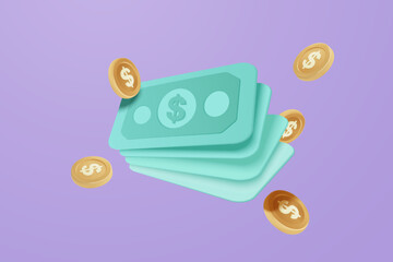 3D vector money banknote on background, coin, online payment and payment concept. 3d holding wallet render for business, bank, finance, investment, money saving, banknote on isolate background - obrazy, fototapety, plakaty
