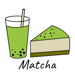 Bubble tea and matcha cake.  Hand drawn vector set. Colored trendy illustration in doodle style. All elements are isolated.