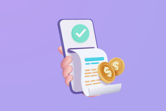 3d pay money with mobile phone banking online payments concept. Bill on smartphone transaction with money coin. Mobile with financial paper on background. 3d bill payment vector icon illustration