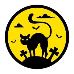 Halloween Concept. Silhouettes of angry cat, bats, graveyard, grave crosses on yellow background. 
 - obrazy, fototapety, plakaty