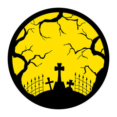 Halloween Concept. Silhouettes of cobwebs, graveyard, grave crosses, dry trees on yellow background.  - obrazy, fototapety, plakaty
