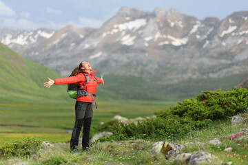 Hiker celebrating vacation in a high mountain