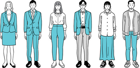 笑顔のビジネスパーソン（男女6人）の全身イラスト