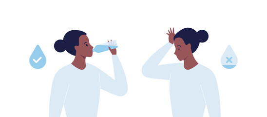 Dehydration concept. Vector flat healthcare illustration. Dehydrated african woman with symptom and female drink water from bottle. Drop with level checkmark and cross symbol. - obrazy, fototapety, plakaty
