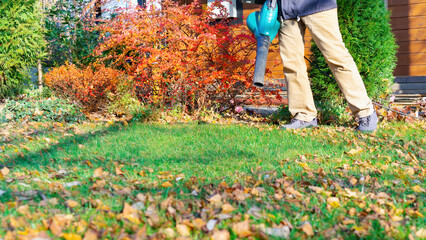 A gardener with a blower cleans the lawn from fallen leaves against the backdrop of a beautiful...