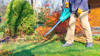 Lawn care work. Cleaning the lawn from foliage with a blower in the autumn season. A gardener removes fallen leaves with an airflow from a blower. Seasonal work in the garden with an electric blower.