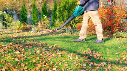 Blower removes fallen leaves in the garden. The gardener cleans the lawn from yellow leaves with an electric blower in the autumn season. The owner of the garden is engaged in gardening in autumn.