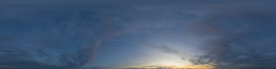 Dramatic sunset sky panorama with Cumulus clouds. Seamless hdr 360 pano in spherical equirectangular format. Complete zenith for 3D visualization, game and sky replacement for aerial drone panoramas