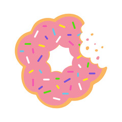 Strawberry half-eaten mochi donuts with pink glaze and colorful sprinkles. Isolated vector illustration on white background.