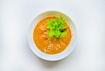 A homemade spicy soup with vegetables and croutons. Good for any project.