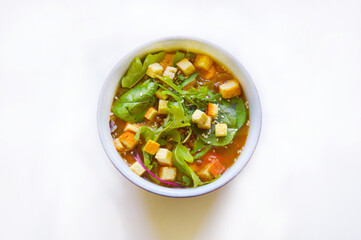 A homemade spicy soup with vegetables and croutons. Good for any project.