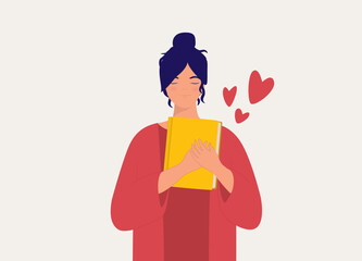 One Smiling Woman With Eye Closed Hugging Her Favourite Book. Half Length. Flat Design Style, Character, Cartoon.