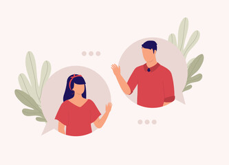 Young Couple Inside Of Online Chat Bubble Communicating With Each Other. Flat Design Style, Character, Cartoon.