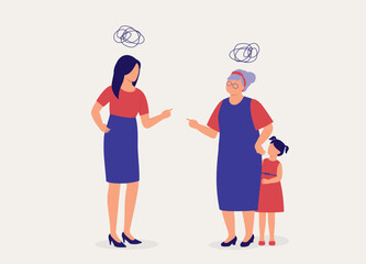 Frustrated Daughter In-Law Dealing With Her Difficult Mother-In-Law. Little Girl Hiding Behind Her Grandmother. Toxic In-Law. Full Length. Flat Design Style, Character, Cartoon.