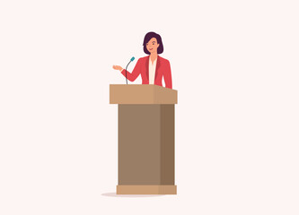 One Businesswoman Standing At A Podium Giving Speech. Full Length. Flat Design Style, Character, Cartoon.