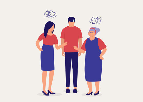 Angry Daughter-In-Law Quarrelling With Her Mother-In-Law While Stressful Husband Standing In The Middle Of The Fight Feeling Difficult And Helpless. Toxic In-Law. Full Length. Flat Design Style.