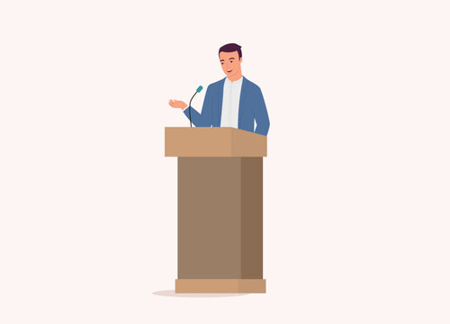 One Businessman Standing At A Podium Giving Speech. Full Length. Flat Design Style, Character, Cartoon.