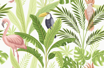 Realistic tropical seamless pattern. Repeating template with palm leaves, exotic birds, flamingo and parrot. Design element for wallpaper or print on fabric. Cartoon flat vector illustration © Mental Health