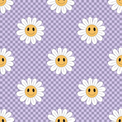 Hippie Groovy Halloween Zombie Daisy Smiley on Checkerboard vector seamless pattern. Retro 70s 60s Funny floral emoji background. Flower power emoticons surface design.