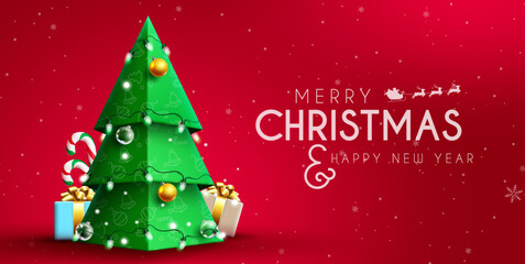 Christmas greeting vector design. Merry christmas text with 3d paper cut xmas tree element in elegant red background decoration for holiday and new year messages. Vector illustration.
