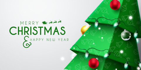 Christmas greeting vector design. Merry christmas text in white space with 3d paper cut xmas tree pattern for holiday season card messages. Vector illustration.
