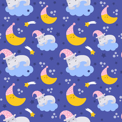 Fototapeta na wymiar Seamless pattern. Cute hippopotamus sleeps on a cloud, the moon in a hat for sleeping on a blue background. Lullaby theme. Vector cartoon illustration