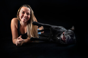 staffordshire bull terrier and woman