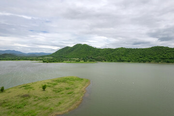 Top view from a drone of the reservoir at Huai Phak Reservoir, Tha Yang District, Phetchaburi,...