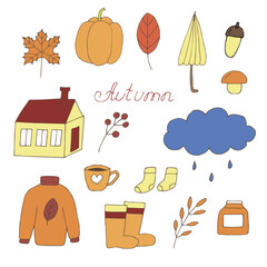 Autumn set vector illustration, hand drawing doodles multicolored