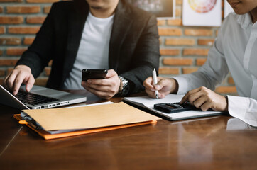 Business team new professional investor starts project meet with financial manager, designing a computer, tablet, digital at office in the morning.