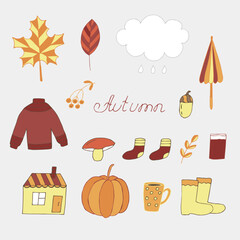 Autumn doodles set vector illustration, hand drawing multicolored