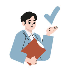 Business man standing and holding job done check sign in hands above his hand. Flat drawn style vector design illustrations.