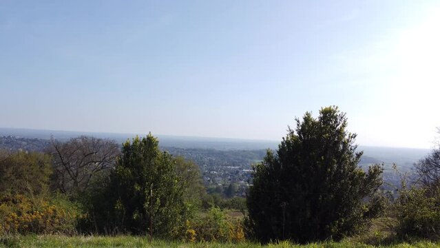 Landscape view of large green Reigate with trees and meadows under shiny sky