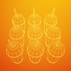 Paper cup with straw. Drink Fast food. Wireframe vector illustration