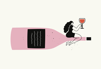 Vector illustration with women sitting on pink wine bottle with wineglass. Colored print design, bar menu and wall decoration poster template. - 521374995