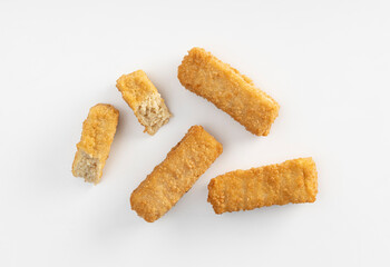 delicious split fish sticks on white background