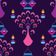 Fototapeta na wymiar Traditional Indian festival Diwali. Happy Festival of lights Deepavali Template seamless pattern . Festive Burning diya graphic design background. Vector abstract flat illustration 