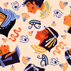 Seamless pattern vector illustration of the Egyptian ancient ornament with a lotus flower, leaves, papyrus, palm tree. Egyptian culture element For wallpaper, wrapping, paper, fabric, background

