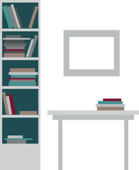 Vector set: bookshelf, table with books or notebooks on it, frameon the wall, Elements for design illustration, card, poster about school, office, home interior