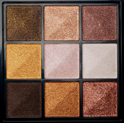 Fototapeta premium Close up of shimmering eyeshadow palette of nine colors. 