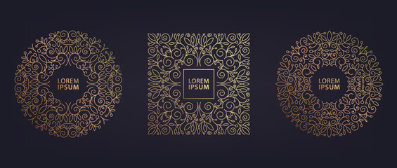Vector set of art deco floral linear circles, round, square borders, frames, decorative luxury design templates. Creative template in classic retro style. Use for packaging, advertising. - obrazy, fototapety, plakaty