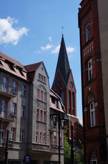 City in Upper Silesia. Tower of Saint Apostles Peter and Paul Church (Kosciol Swietych Apostolow Piotra i Pawla). Swietochlowice, Poland.