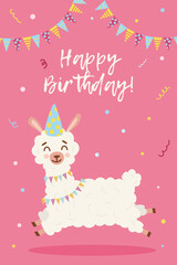 Vector greeting birthday card template. Happy cute alpaca with colour flags in party hat on pink background. Celebration illustration.