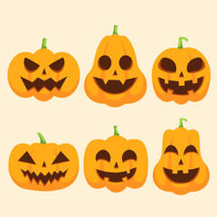 Hand drawn flat Halloween pumpkins collection.