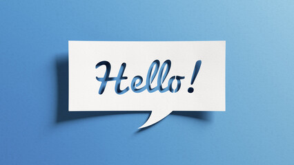 Hello salutation or greeting word to welcome someone or initiate a conversation. Design with letters cut out in paper speech bubble over blue background. Communication concept, introduction. - obrazy, fototapety, plakaty