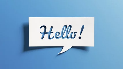 Foto op Plexiglas Hello salutation or greeting word to welcome someone or initiate a conversation. Design with letters cut out in paper speech bubble over blue background. Communication concept, introduction. © NicoElNino
