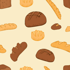 bread outline pattern. Drawing rye, whole grain and wheat bread, pretzel, muffin, pita bread, ciabatta, croissant, bagel, toast bread, French baguette for bakery menu decoration. Vector illustration.