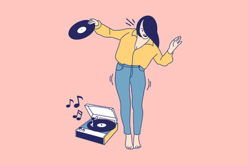 Illustrations of Beautiful Woman dance to music on record player and holding vinyl