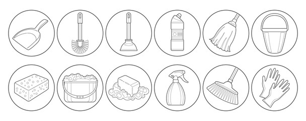 Tools for cleaning. Black and white icon set. Collection of vector flat outline cleaning items. Housekeeping equipment and chemistry. - obrazy, fototapety, plakaty